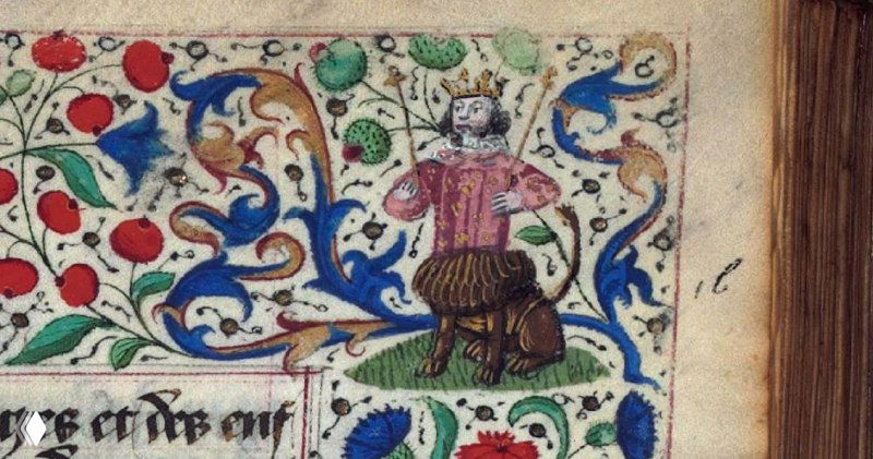 Миниатюра в средневековом молитвеннике: фантастическое существо с человеческим торсом и львиной нижней частью в декоративном орнаменте манускрипта.