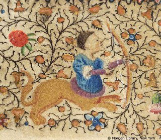 Средневековая миниатюра: лучник, сидящий на львином теле (сагиттарий), окружённый цветочным орнаментом рамки манускрипта, стилизованная сцена.