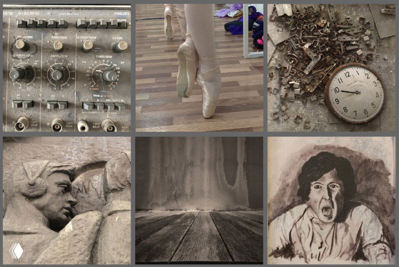 Коллаж из шести сцен: часы, пуанты, деревянный пол и скульптурные лица — иллюстрация к отрывку романа.