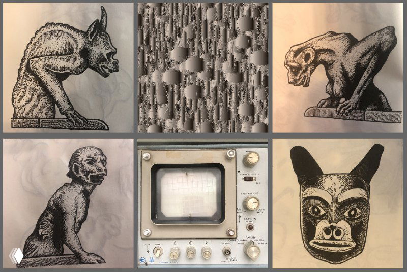 Коллаж из шести винтажных гравюр и рисунков: горгульи, маски и ретро-осциллограф в мрачной декоративной композиции, напоминающей наблюдателей.