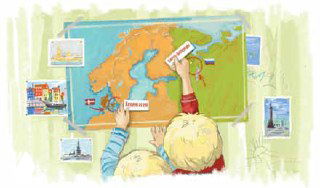 Иллюстрация с картой мира: два мальчика указывают на страны, видна Европа и пометка Орхус/Петербург, тема путешествий и географии.