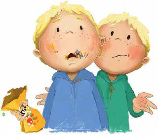 Иллюстрация с эмоциями близнецов: у одного осталась конфета на лице, оба с удивлёнными выражениями, комичная детская сцена в мягких тонах.