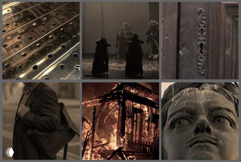 Коллаж: старинные металлические детали, дверные рельефы, силуэты в плащах, горящий дом и каменное лицо статуи, мрачная атмосферная сцена