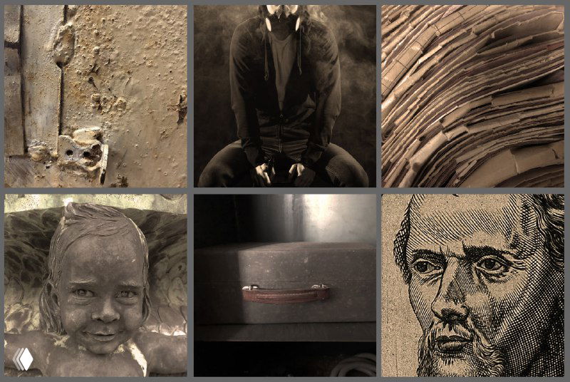 Коллаж из шести сепийных изображений: старинный портрет, лицо ребёнка-скульптуры, текстурированные фрагменты и абстрактные детали в мрачной гамме, подчёркивающие атмосферу отрывка.