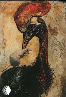 Художественная иллюстрация казуара с птенцом на фактурном фоне: крупный рог, мощный клюв и тёмное оперение птицы, акцент на деталях.