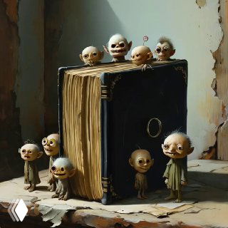 Миниатюрные гномоподобные фигурки с выразительными лицами собираются и сидят вокруг большой потрёпанной книги в тусклой комнате