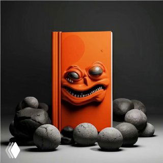 Оранжевая книга с рельефным гротескным лицом гнома на тёмном фоне; вокруг — несколько серых каменных шаров.