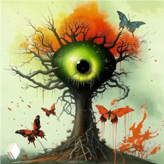 Иллюстрация: сюрреалистичное дерево с крупным зелёным глазом в кроне, переплетённые корни и ветви, вокруг летают разноцветные бабочки — визуализация метафор текста.
