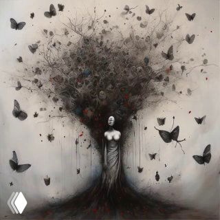 Сюрреалистическое изображение: женская статуя с деревом вместо головы, из кроны летают бабочки, мрачный фон.