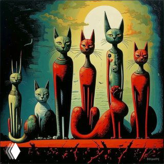 Сюрреалистическое изображение группы длинношеих стилизованных кошек на фоне светящейся полной луны и мягкого пейзажа; художественная иллюстрация в контексте текста о кошках и агрессии.