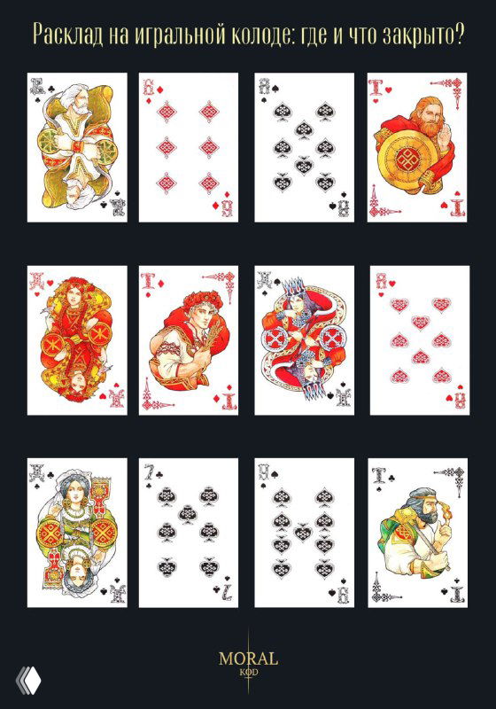 Фотография расклада из 12 игральных карт на чёрном фоне: четыре столбика по три карты, видно масти и расположение.