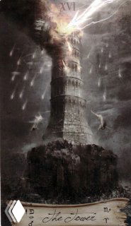 Иллюстрация карты Таро «Башня»: высокая башня, поражённая молнией и огнём, с обломками и птицами на фоне мрачного штормового неба.