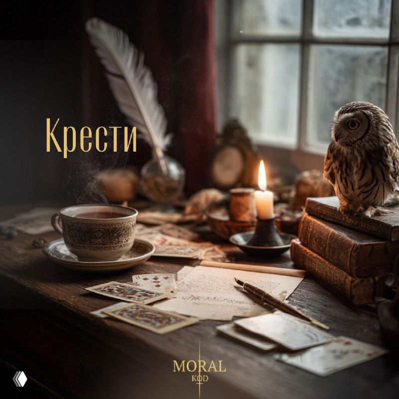 Атмосферная сцена с игральными картами, свечой, пером, чашкой кофе и совой на книгах у окна — визуал к теме масти Крести.