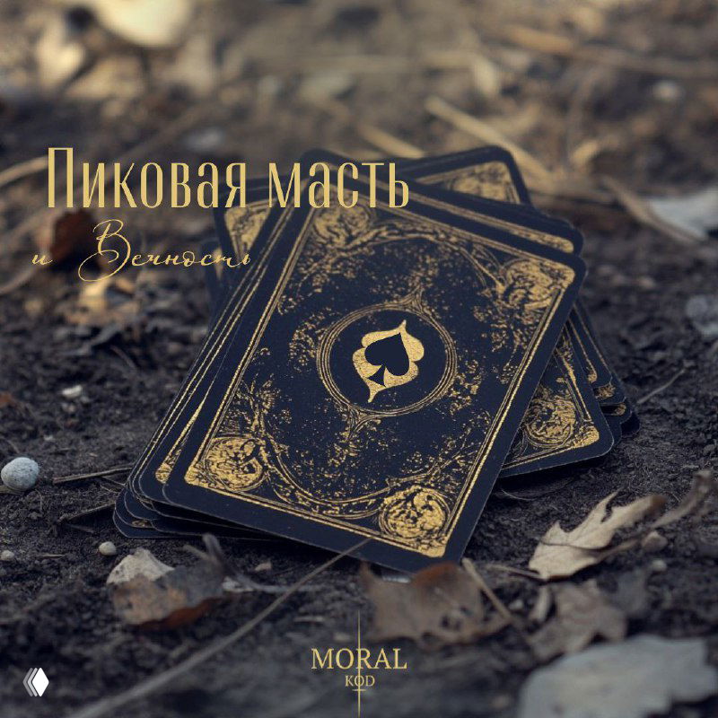 Художественная тёмная фотография колоды карт таро на земле среди сухой листвы, видна пика на рубашке и логотип канала.