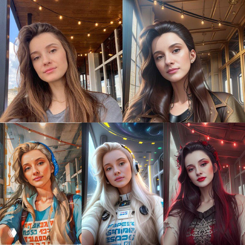 Коллаж портретов в фотобудке: исходные фото и варианты обработки нейросетью с разной стилизацией, ретушью и цветокоррекцией в интерьере.