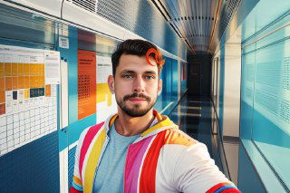 Портрет мужчины в яркой одежде на фоне современного коридора фотозоны; демонстрация нейро-стилизации цвета и света для мероприятий.