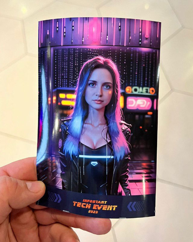 Фотография напечатанного карточного снимка в руках: небольшой отпечаток с неоновым обработанным портретом, образец результата работы ИИ.