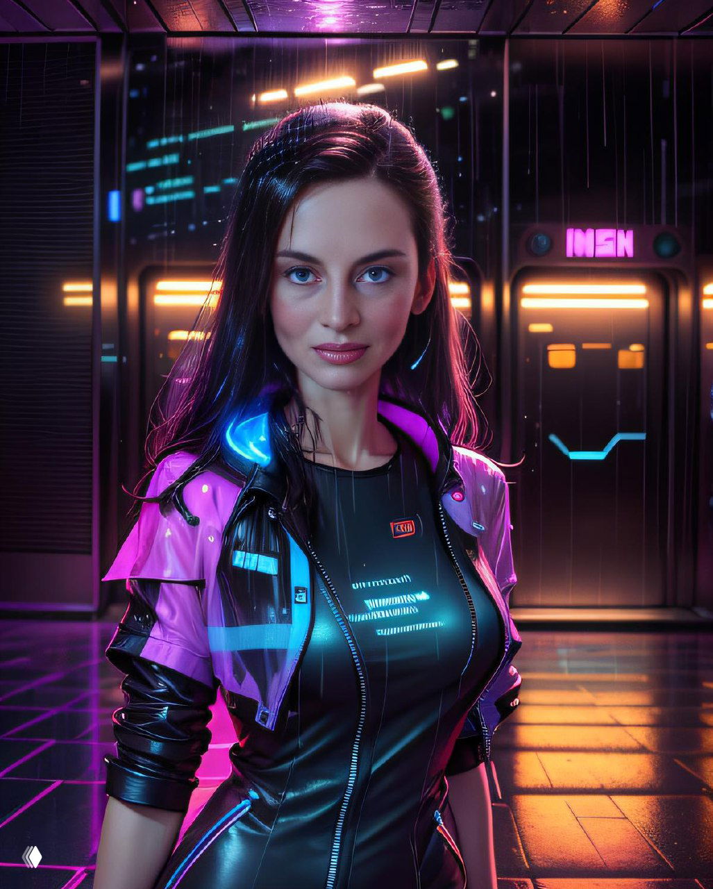 Портрет женщины в неоновом киберпанк‑стиле: пример итоговой искусственно‑сгенерированной обработки лица с яркой подсветкой и городским фоном.