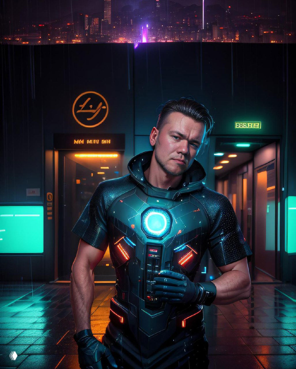 Стилизованный портрет мужчины в футуристической броне и неоновом освещении — демонстрация возможных художественных стилей обработки фотографий.