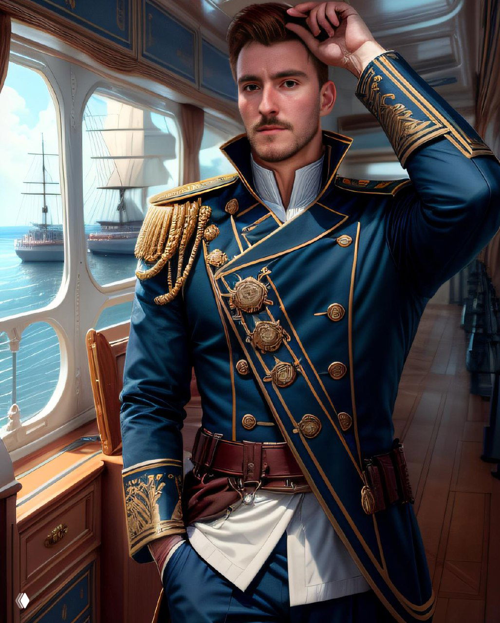 Портрет мужчины в морской форме у иллюминатора с видом на парусные суда — художественный образ, сгенерированный нейросетью.