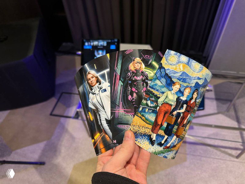 Рука держит несколько напечатанных фотокарт с яркими иллюстрациями; на заднем плане видно оборудование фотозоны и затемнённый зал.