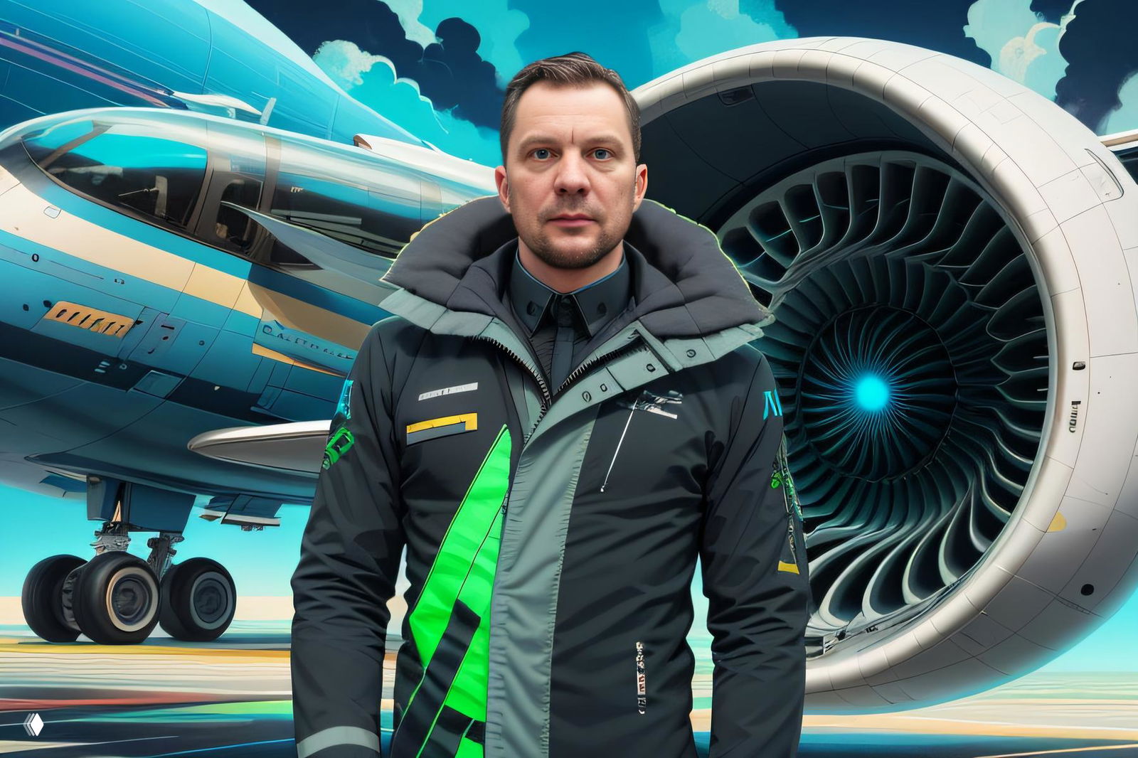 AI‑стилизованное портретное изображение мужчины на фоне самолёта и большого турбовентилятора — пример нейро‑обработки для фотозоны.