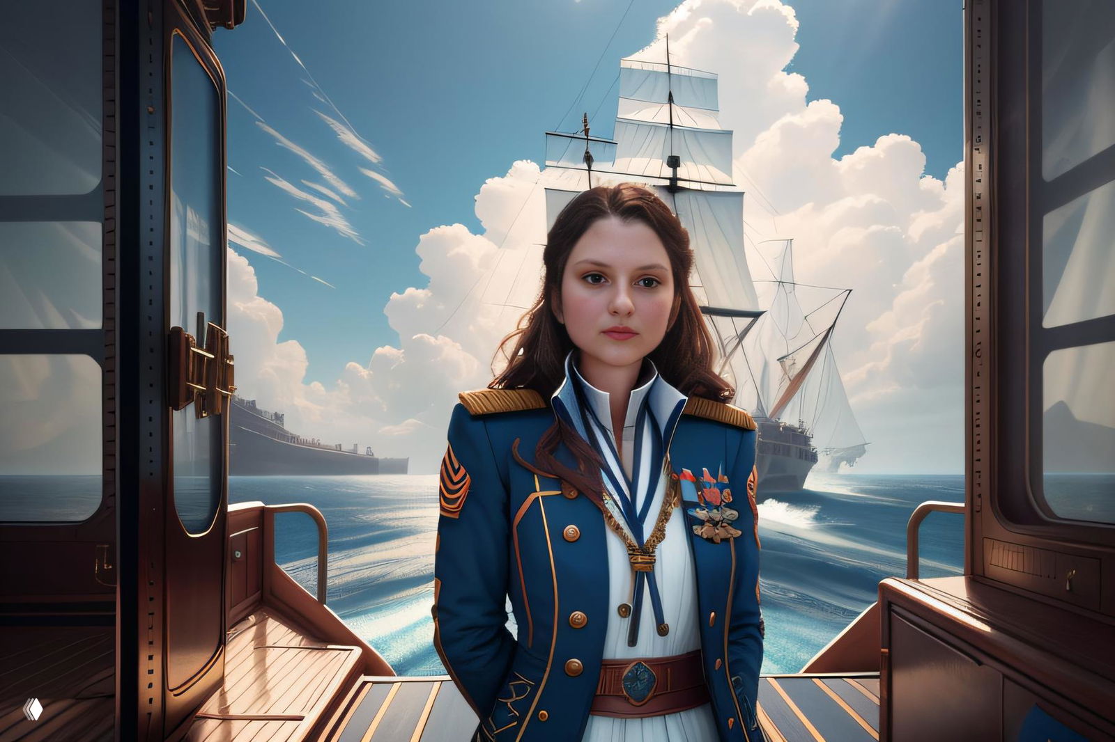 AI‑стилизованный портрет женщины в морской форме на палубе корабля с парусником на заднем плане — пример кастомного референс‑стиля.