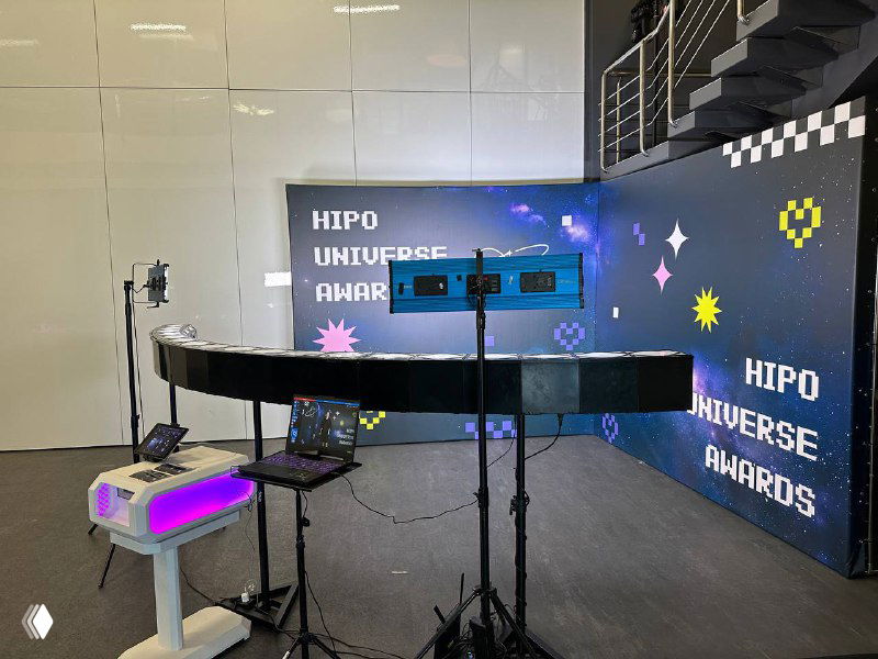 Панорамная сцена Bullet‑Time в студии: изогнутый LED‑фон с надписью «HIPO UNIVERSE AWARDS», стойки с камерами и техническое оборудование для 3D‑съёмки.