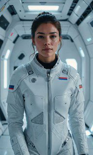 Портрет женщины в футуристическом белом костюме/скафандре в интерьерной студии с технической обстановкой; видны нашивки и стилизованная сценография.