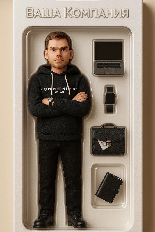 Макет упаковки коллекционной 3D‑фигурки, созданной ИИ: фигурка в блистере с отделениями для аксессуаров как пример результата Toy‑Box.