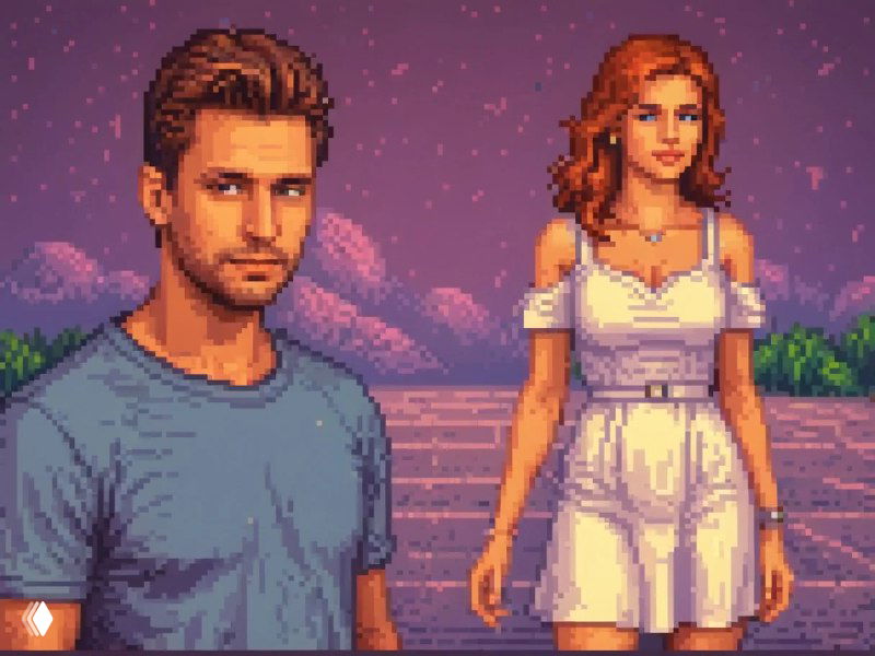 8‑битный пиксельный портрет с двумя персонажами на ретро фоне: мужчина и женщина на фиолетовом неоновом пейзаже в стиле пиксель‑арт.