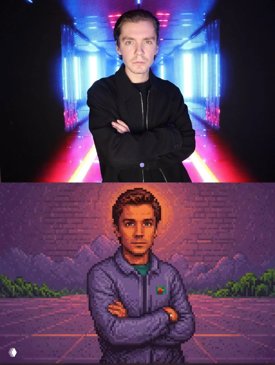 Коллаж: сверху фотография человека на неоновом коридоре, снизу — преобразованный в 8‑битный пиксельный портрет того же человека.