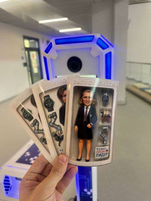 Фотография упаковок с коллекционными фигурками и видимая камера фотостойки Toy‑Box с голубой подсветкой в интерьерной локации мероприятия.