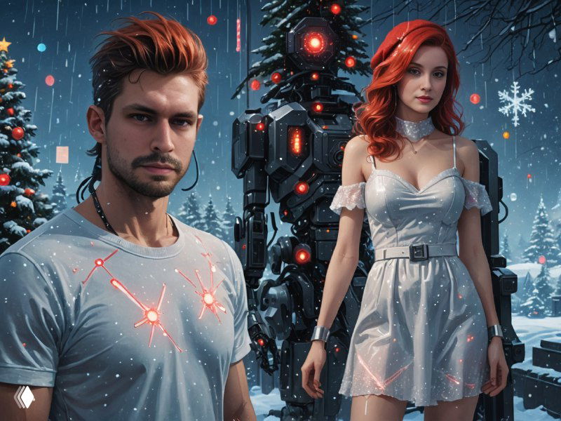 Стильная AI‑обработка: мужчина и женщина в праздничной зимней сцене с неоновыми акцентами, демонстрация нейро‑редактирования для новогодних фото