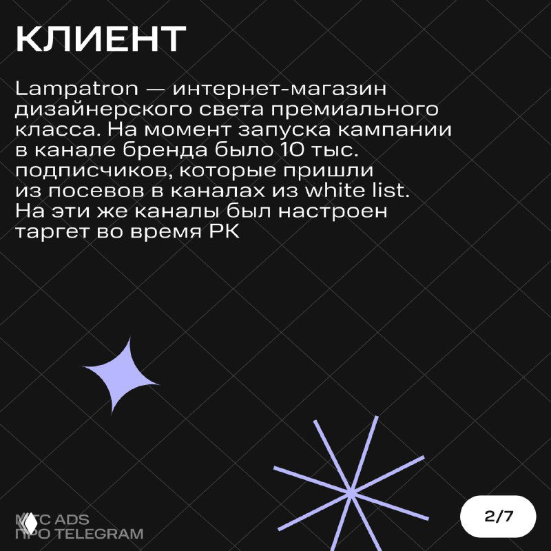 Карточка 2: описание клиента Lampatron — интернет-магазин дизайнерского света премиального класса, текстовый блок на тёмном фоне.