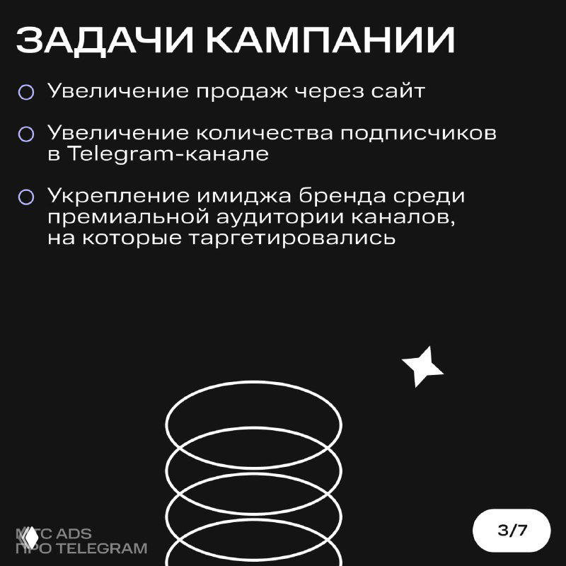 Карточка 3: задачи кампании — рост продаж через сайт, увеличение подписчиков в Telegram и укрепление имиджа бренда на премиальном рынке.