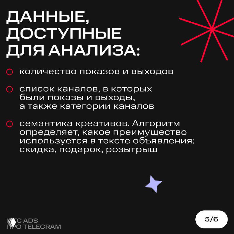 Инфографика: перечень данных для анализа в Маркетолог PRO — показы, список каналов, категории и семантика креативов.