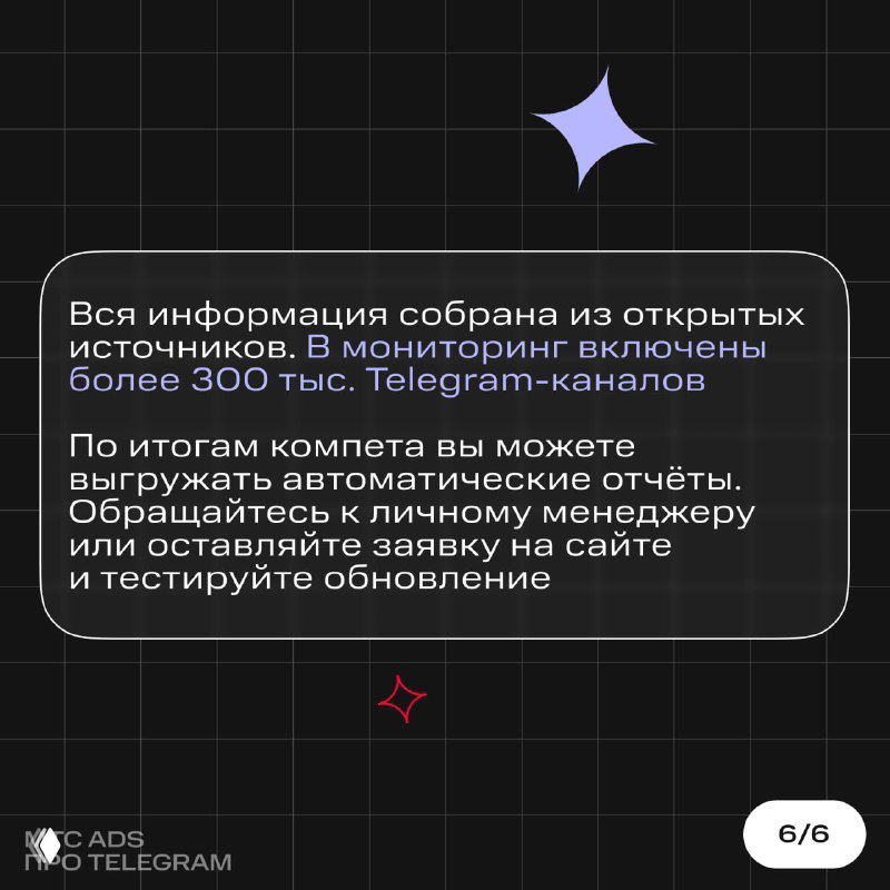 Слайд: информация о том, что данные собраны из открытых источников, в мониторинге более 300 тыс. каналов и возможность выгрузки отчётов.