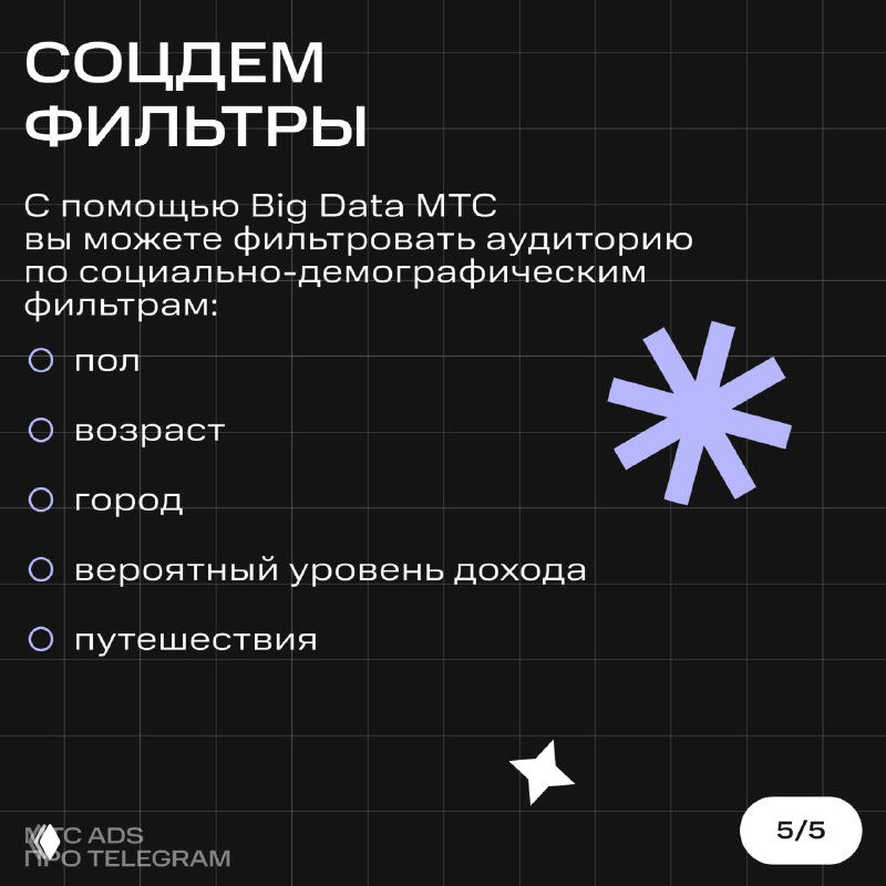 Слайд о соцдем фильтрах: перечень фильтров (пол, возраст, город, доход, путешествия) на тёмном фоне с графическими элементами и логотипом.