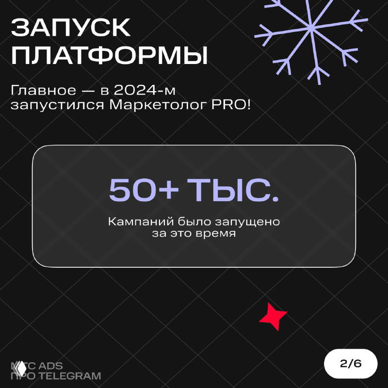 Слайд о запуске платформы: крупная цифра «50+ тыс.» и подпись о количестве запущенных кампаний, инфографика в фирменном тёмном стиле.