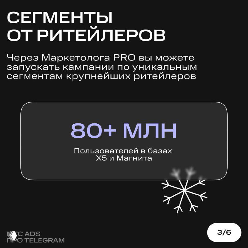 Слайд «Сегменты от ритейлеров»: цифра «80+ млн» с указанием баз пользователей X5 и Магнита, визуал в виде карточки с пояснением.