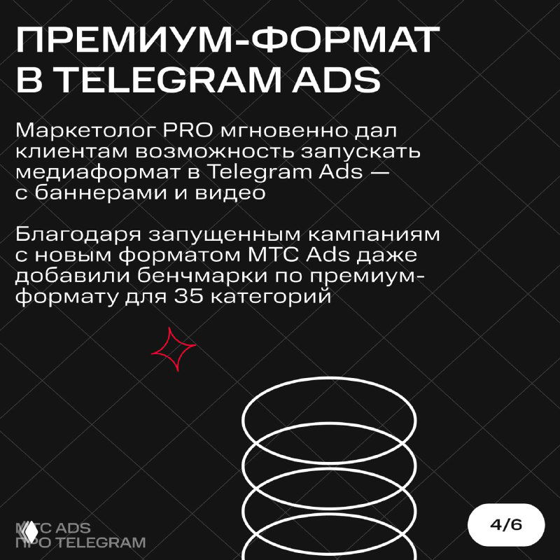 Слайд о премиум-формате в Telegram Ads: текст о запуске медиаформатов с баннерами и видео, упоминание бенчмарков для 35 категорий.