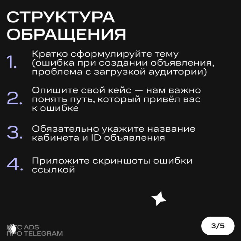Инфографика со структурой обращения: нумерованный список пунктов — тема запроса, описание кейса, название кабинета и прикладываемые скриншоты с ссылкой.