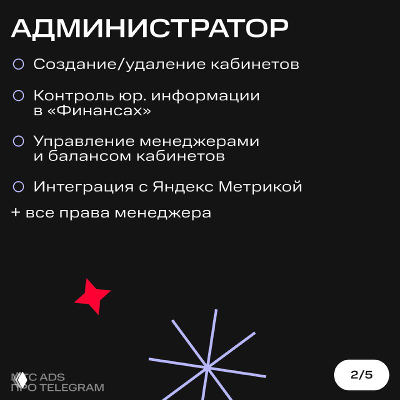 Карточка «Администратор» с перечнем прав: создание и удаление кабинетов, контроль юридической информации, управление менеджерами и интеграция с метрикой.