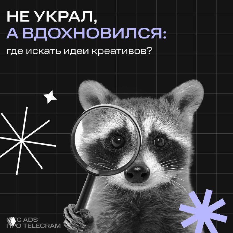 Иллюстрация: енот с увеличительным стеклом на тёмном фоне, графические элементы и заголовок о поиске идей и креативов для Telegram Ads.