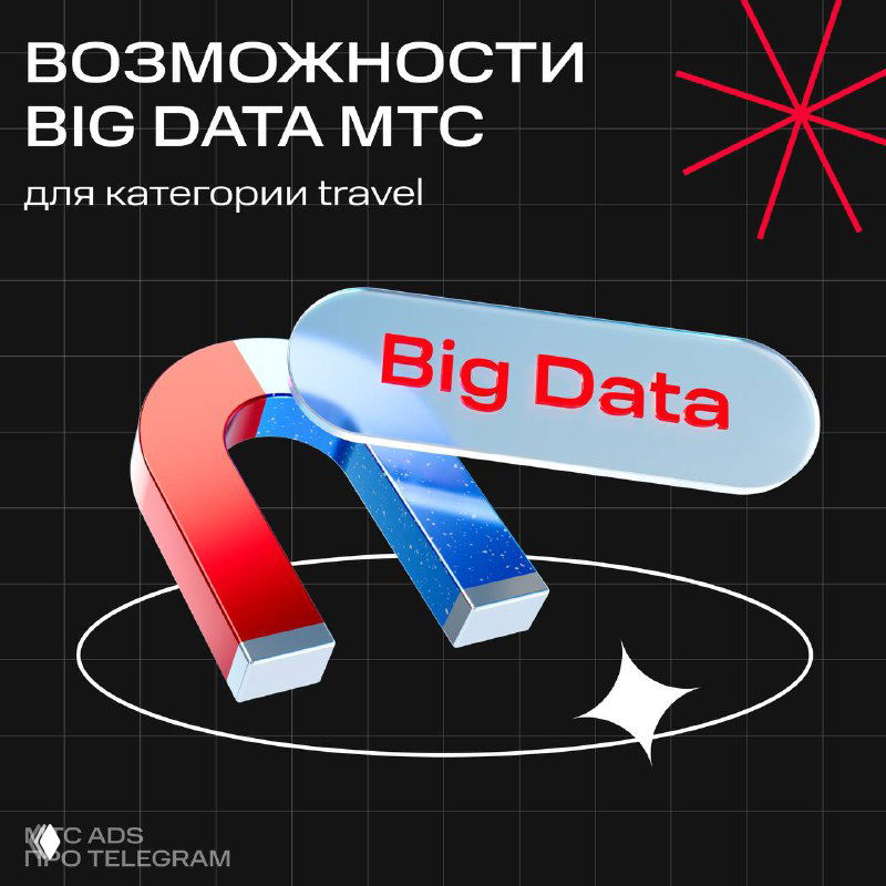 Обложка презентации: стилизованный магнет и надпись «ВОЗМОЖНОСТИ BIG DATA МТС для категории travel», графический фон и маркировка бренда MTS Telegram.