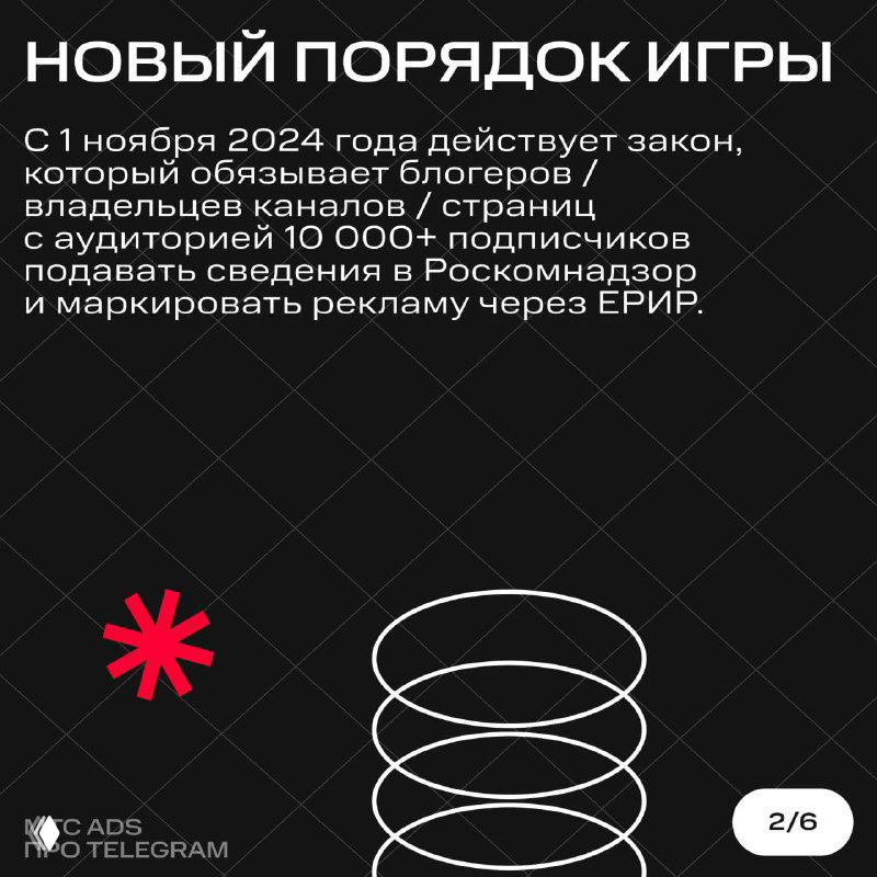 Слайд о новом порядке игры: с 1 ноября 2024 года закон обязывает владельцев каналов с аудиторией 10 000+ подать сведения в Роскомнадзор и маркировать рекламу через ERID.