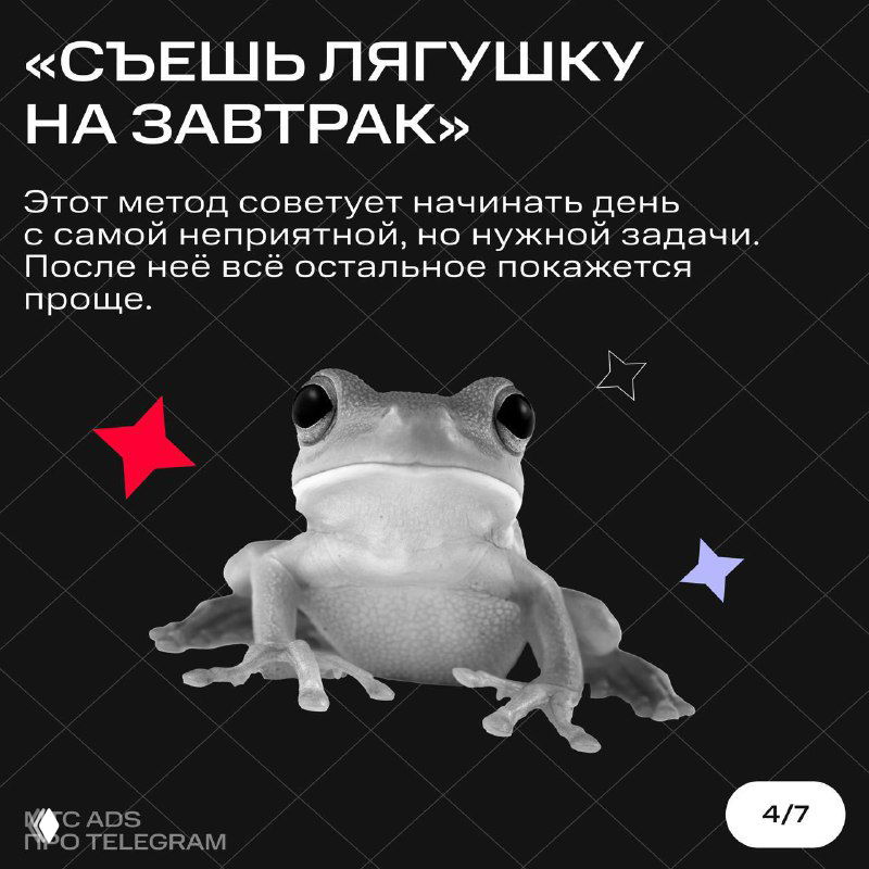 Изображение лягушки на тёмном фоне с текстом «Съешь лягушку на завтрак» — метод начать день с самой неприятной, но нужной задачи.
