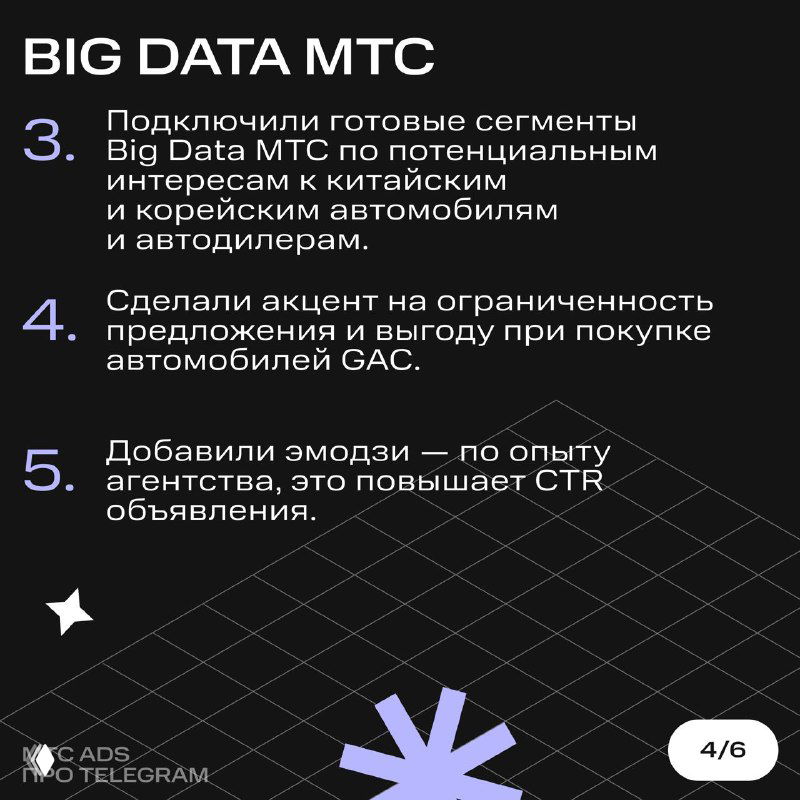 Слайд про Big Data МТС: подключение готовых сегментов по интересам к китайским и корейским автомобилям и акцент на ограниченности предложений при покупке GAC.