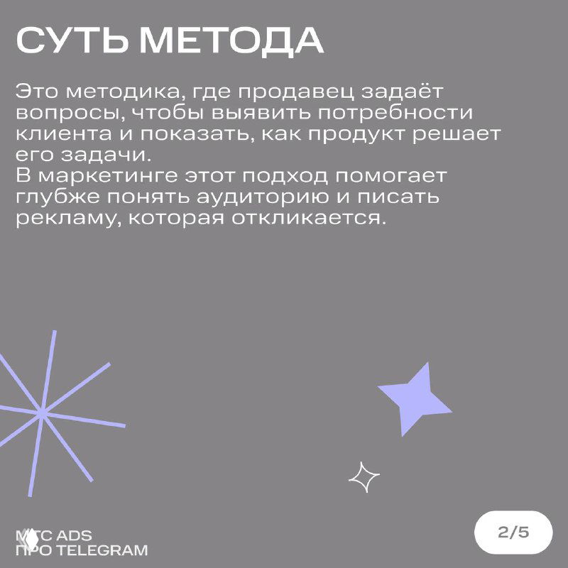 Слайд с заголовком «Суть метода» и текстом о том, что вопросы продавца помогают выявить потребности клиента; фон в серых тонах с декоративными элементами.